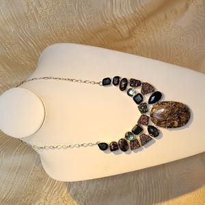 Vintage Turritella Agate, Druzy, Rainbow Topaz Necklace